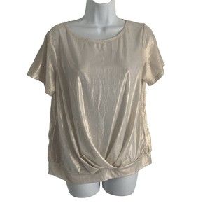 Carol Rose Blouse Size PL Gold Metallic Short Sleeve Banded Draped Waist Top NWT